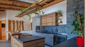 A modern kitchen with wooden cabinetry, a built-in island, and hanging plants. - Ski Apartment with panoramic views (Mittersill)