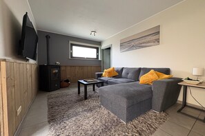 A living room with a grey sofa, a television, a fireplace, and a window. - The Waiting Room – Peace, nature, and charm in Peer (Peer)