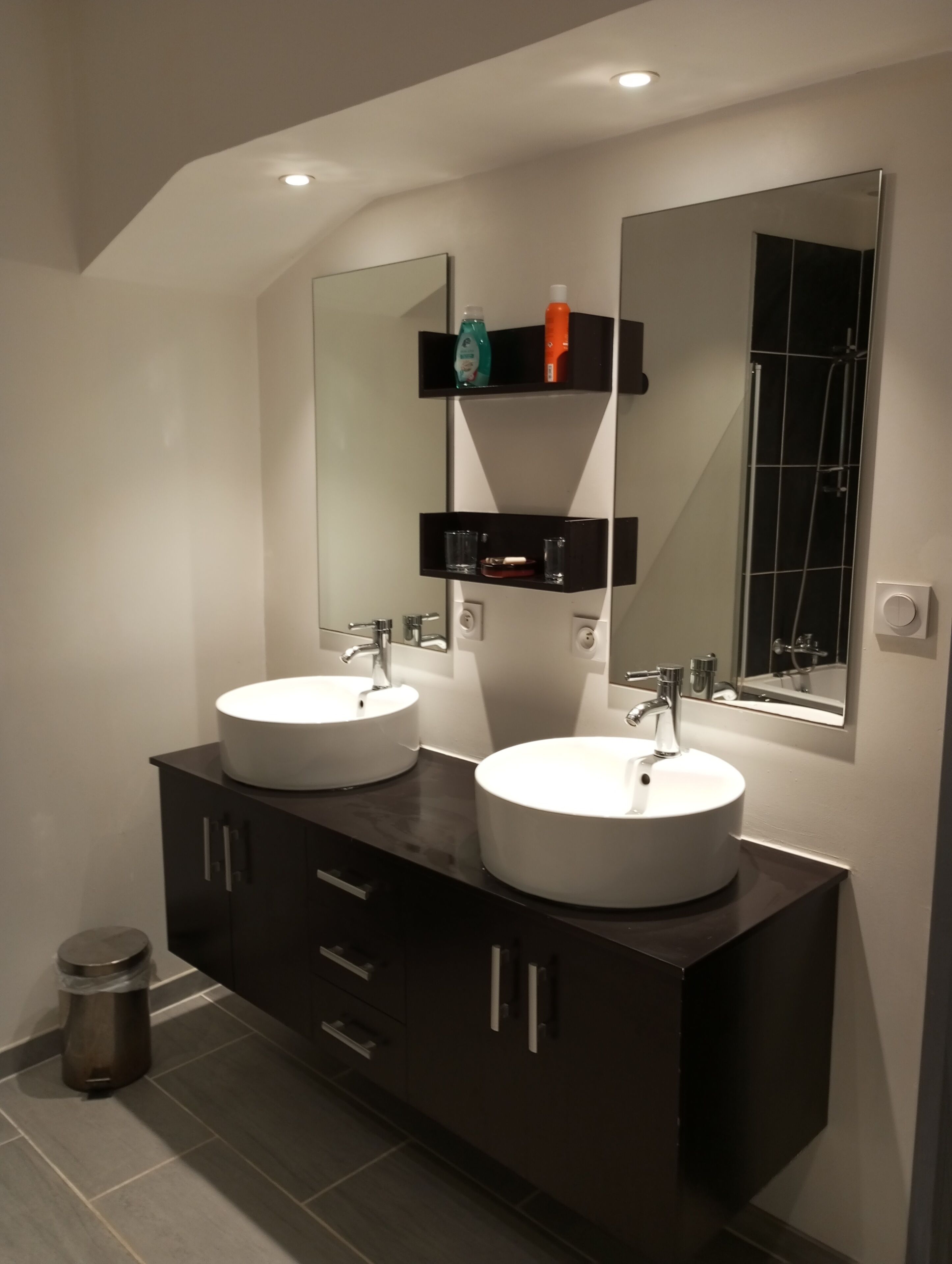 Une salle de bain moderne avec deux vasques, des meubles de rangement aux couleurs sombres et un grand miroir.
