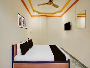 A bedroom with a bed, a ceiling fan, a TV, and framed artwork on the wall.