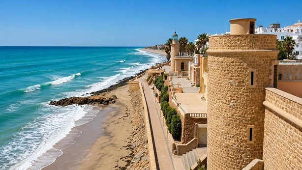 A coastal view with a stone tower, beach, and ocean. - Apartment for 3, a short walk from the beaches (Roquetas de Mar)
