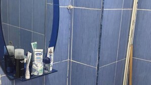 A bathroom with a white sink, a mirror, and a shelf with toiletries.
