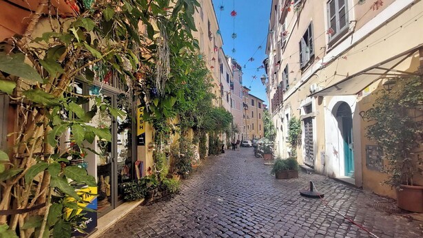 A cobblestone street lined with buildings, some with balconies and plants. - Apartment in Rome with 0 bedrooms sleeps 2 (Rome)