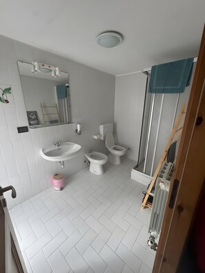 Une salle de bain avec un lavabo, deux toilettes, un miroir et une douche.