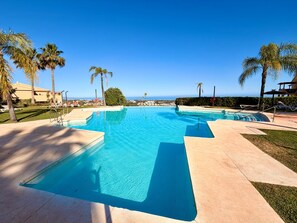 Ein rechteckiger Pool mit klarem, blauem Wasser, umgeben von Palmen und Blick auf den Ozean.