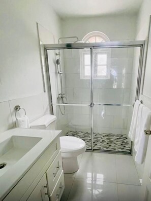 Hair dryer, towels, toilet paper