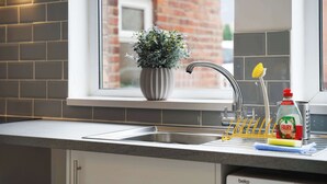 Une cuisine moderne avec un évier en acier inoxydable, une plante en pot, un égouttoir et une bouteille de liquide vaisselle Fairy.