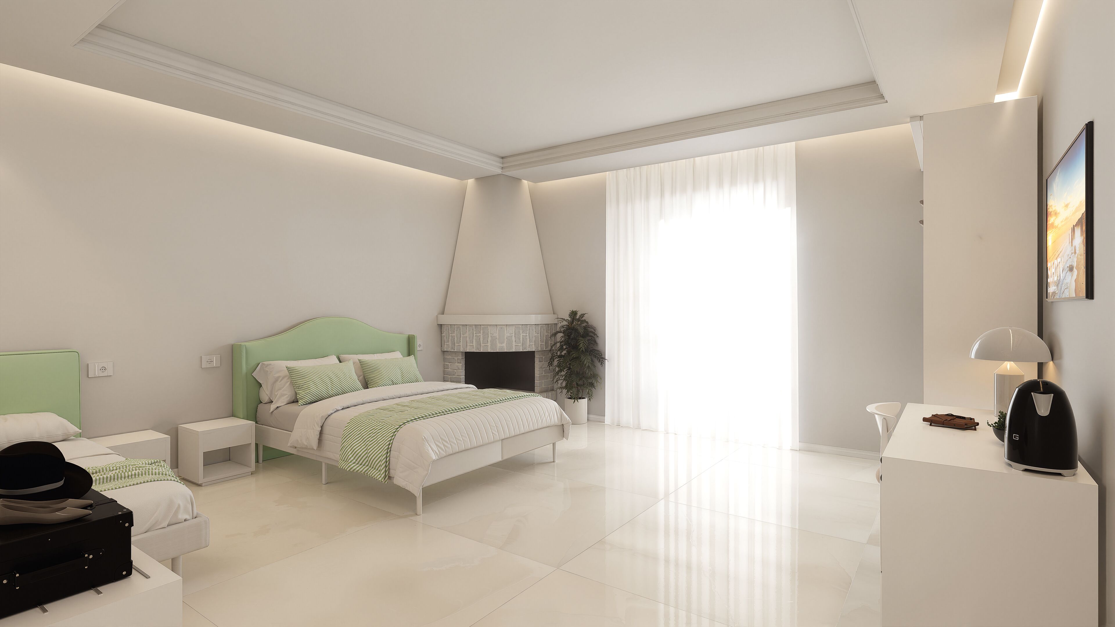 Quarto moderno com cama, mesas de cabeceira, luminária e lareira.