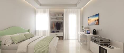 A modern bedroom with a bed, bedside table, desk, and a wardrobe.