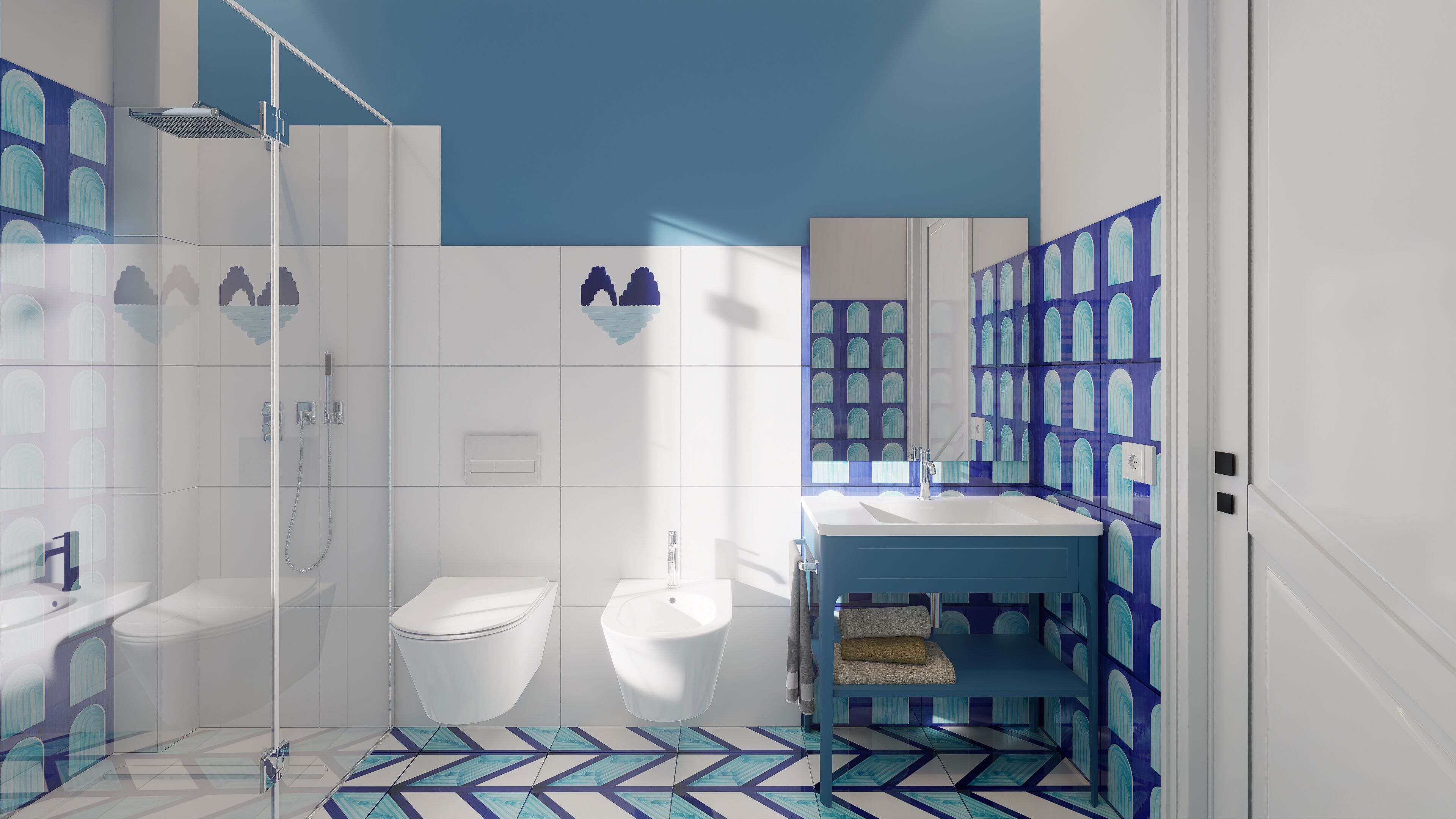 A modern bathroom with a shower, toilet, sink, and a patterned floor.