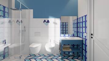 A modern bathroom with a shower, toilet, sink, and a patterned floor.