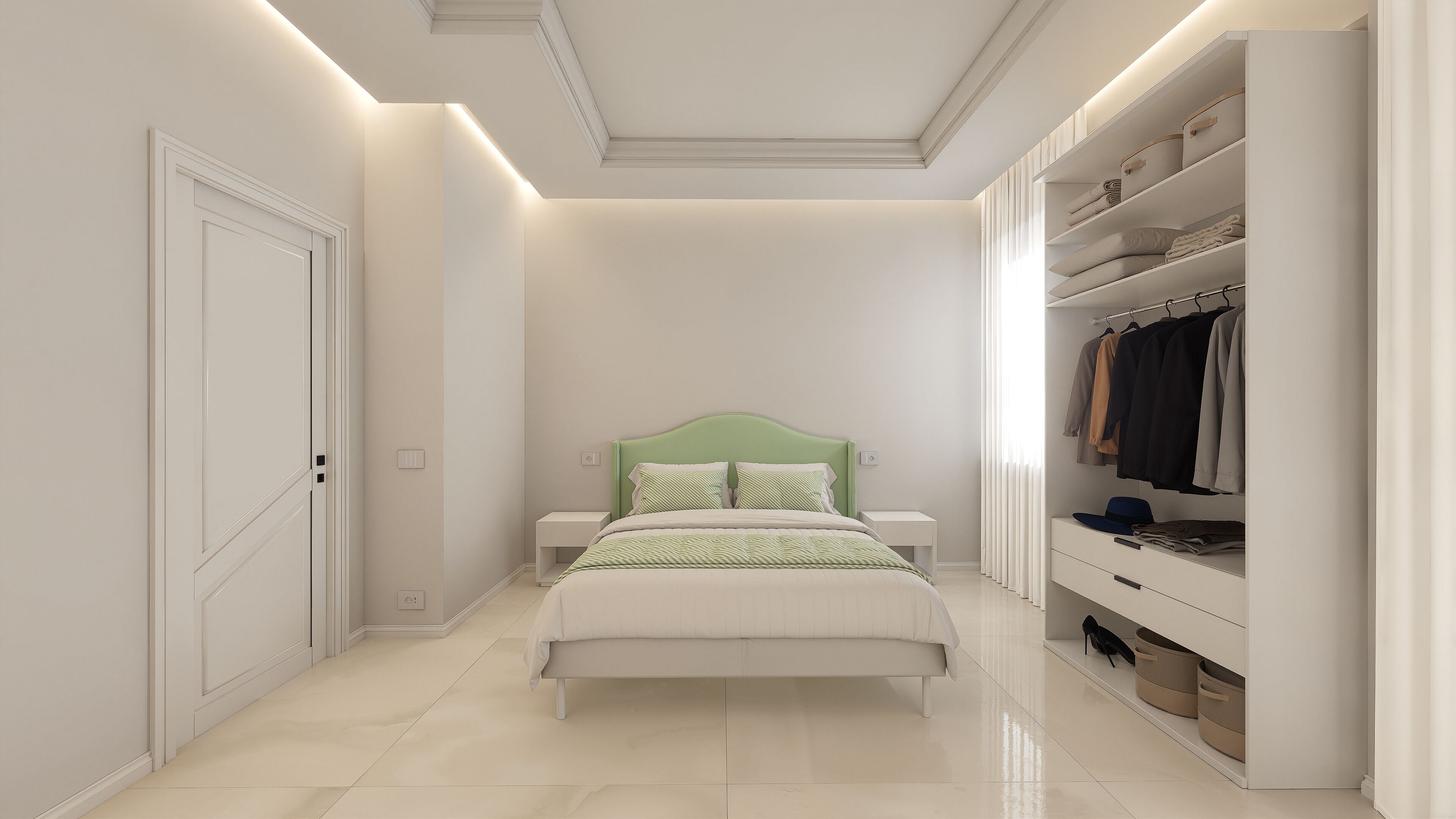 A bedroom with a bed, nightstands, a closet, and a walk-in closet.