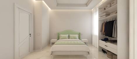 A bedroom with a bed, nightstands, a closet, and a walk-in closet.