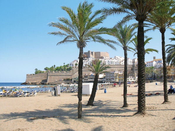 Ein Strand mit Palmen, einem sandigen Ufer und einer historischen Festung mit Blick aufs Meer.