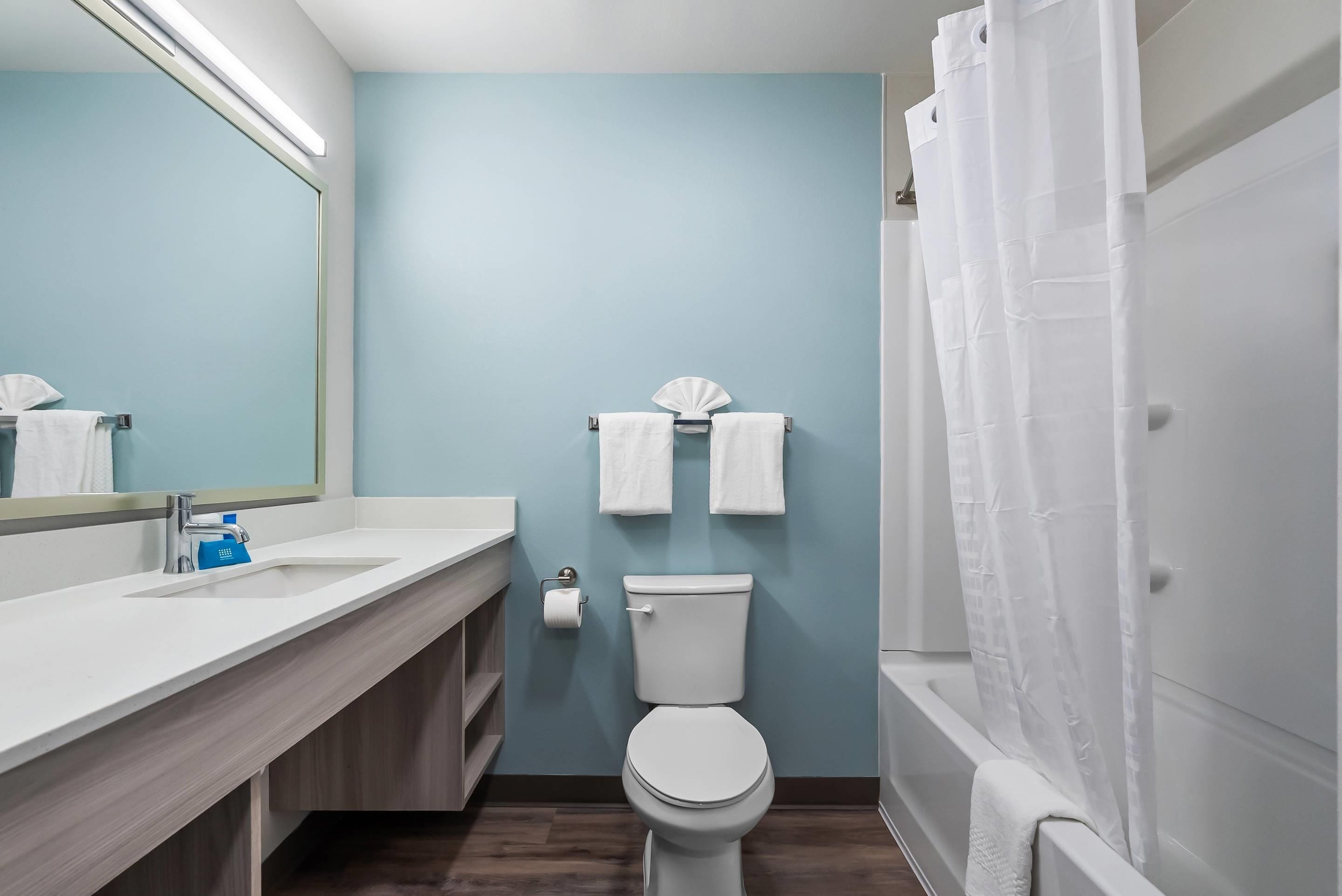 A bathroom with a white sink, a toilet, and a shower area.