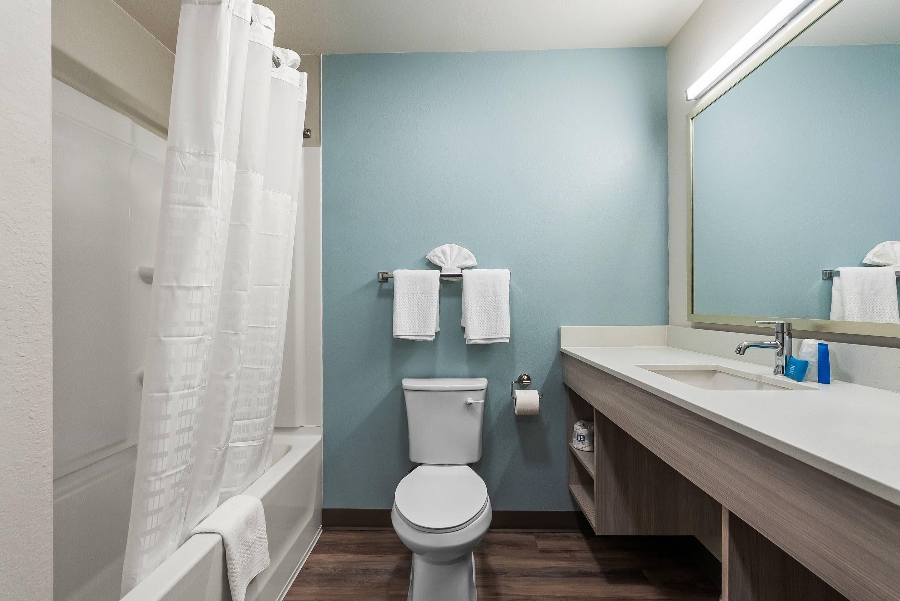 Ein Badezimmer mit Toilette, Waschbecken, Spiegel und Duschvorhang.