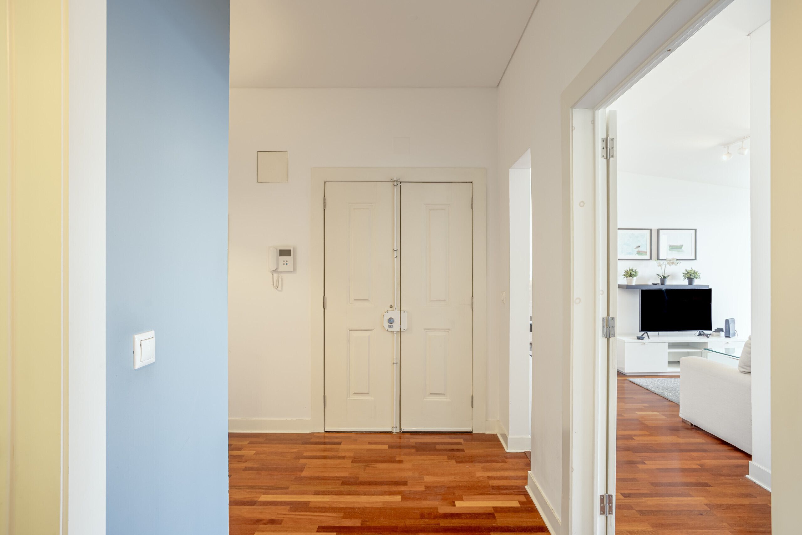 A hallway with wooden flooring, a double door, and a modern living area with a TV and furniture.