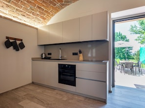 A modern kitchen with a brick ceiling, built-in oven, and a view of an outdoor patio. - Casa Vescovo by Interhome (Asti)