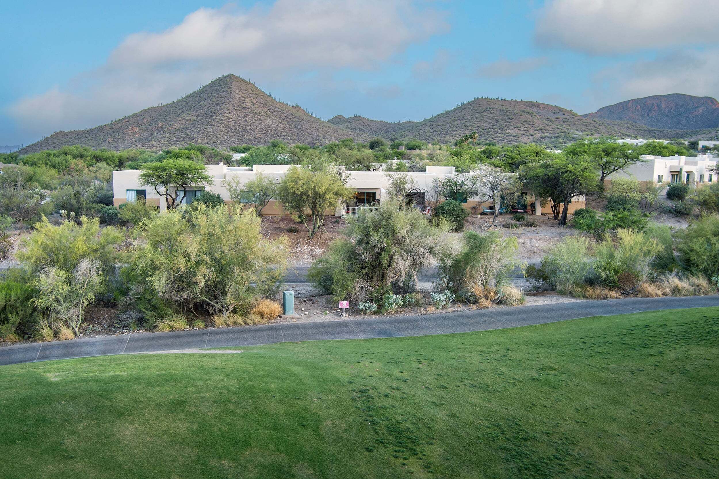A residential area with houses, a road, and mountains in the background.