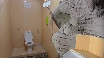 Shower, pancuran hujan, handuk, dan tisu toilet