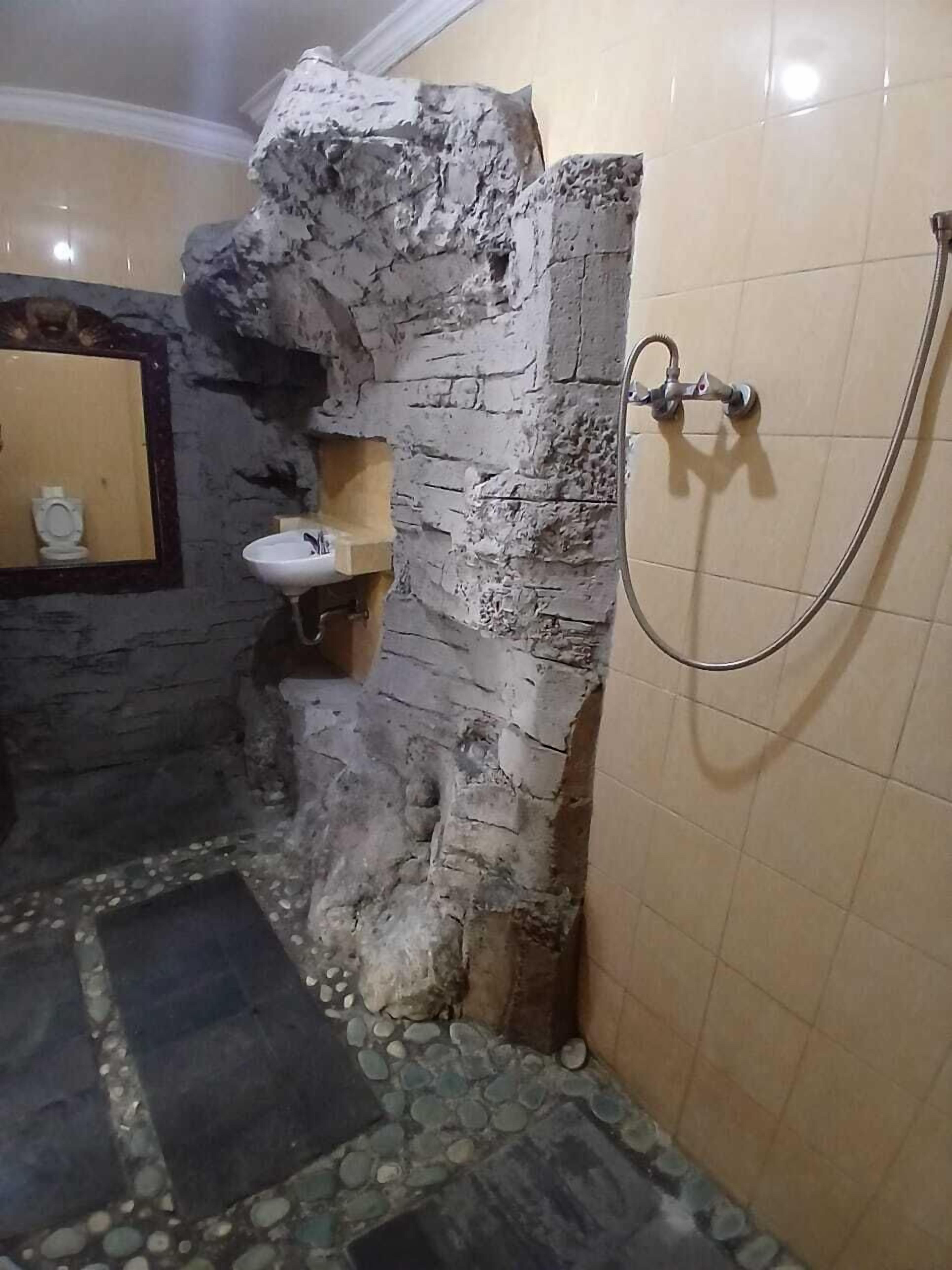 Shower, rainfall showerhead, towels, toilet paper