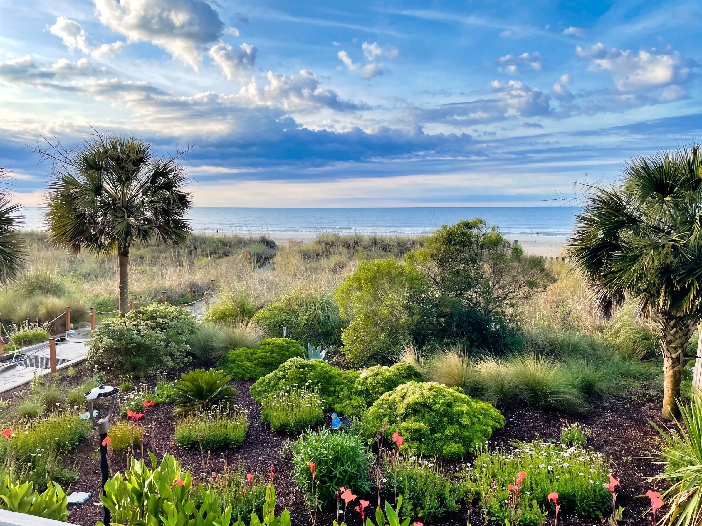 Un jardín ajardinado con diversas plantas y vista al océano.