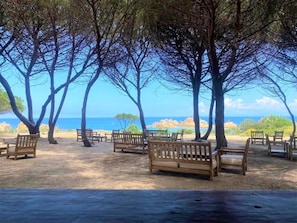 A beachside seating area with wooden benches and trees, overlooking the sea. - Lavanda 2301 Bis by Interhome (Isola Rossa)