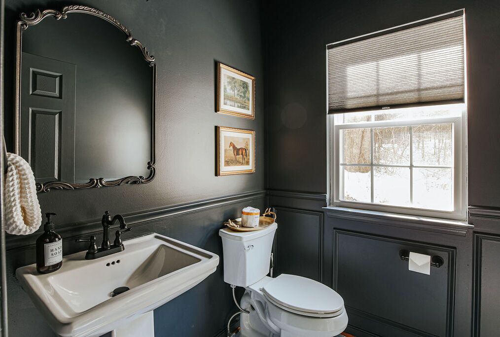 A bathroom with a white sink, a toilet, a mirror with an ornate frame, and a window with blinds.