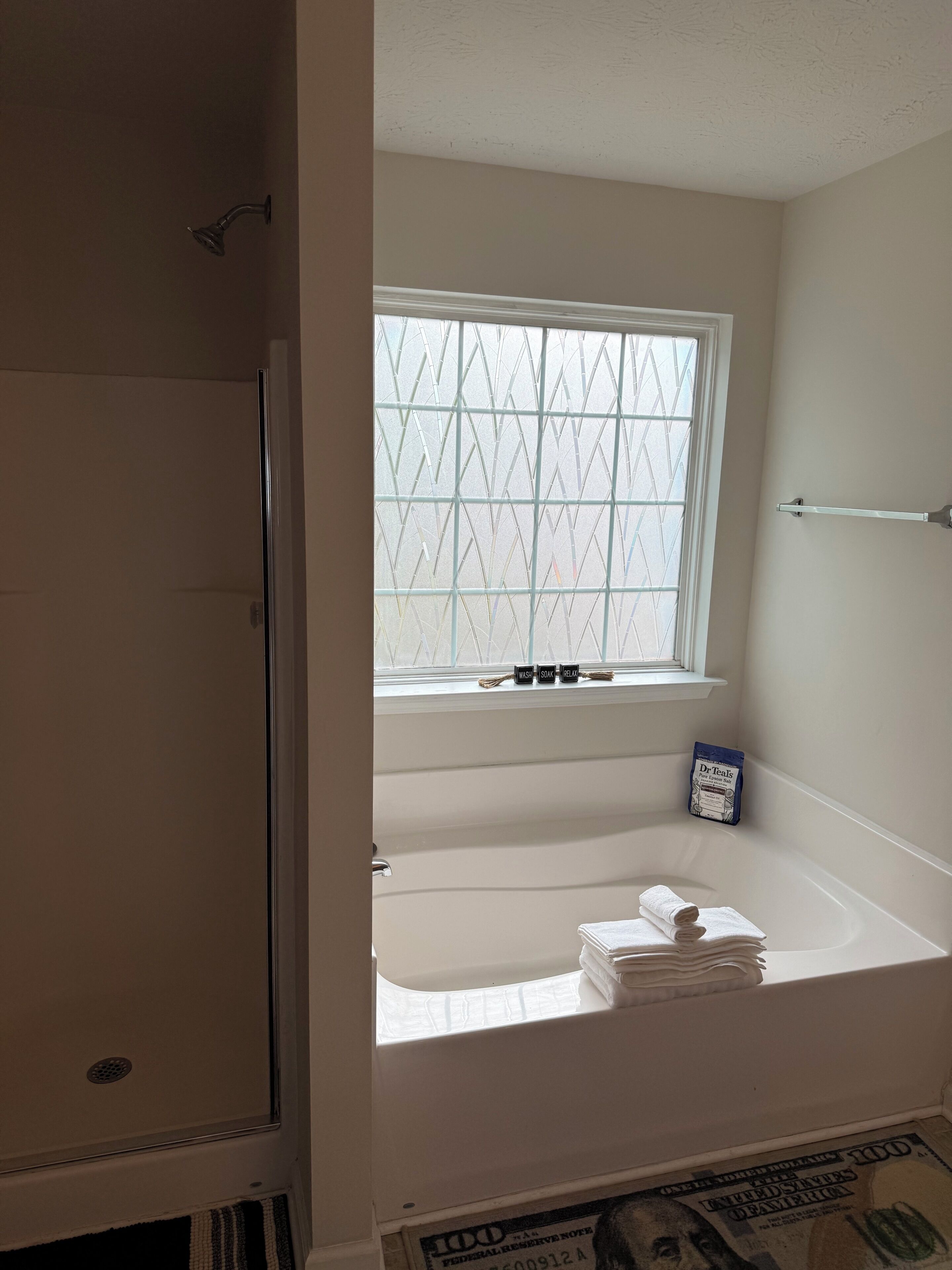 Hair dryer, towels, soap, toilet paper