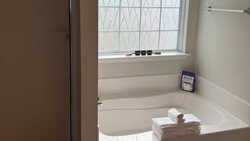 Hair dryer, towels, soap, toilet paper