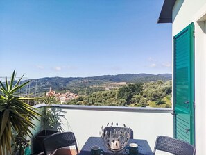 Une terrasse avec une table et des chaises, donnant sur un paysage vallonné.