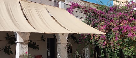 A building with a covered patio, potted plants, and a flowering bush.