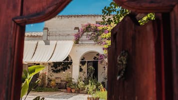 Une cour intérieure avec un bâtiment orné d’arches et surmonté d’un toit en tuiles, entourée de plantes en pot et de plantes grimpantes en fleurs.