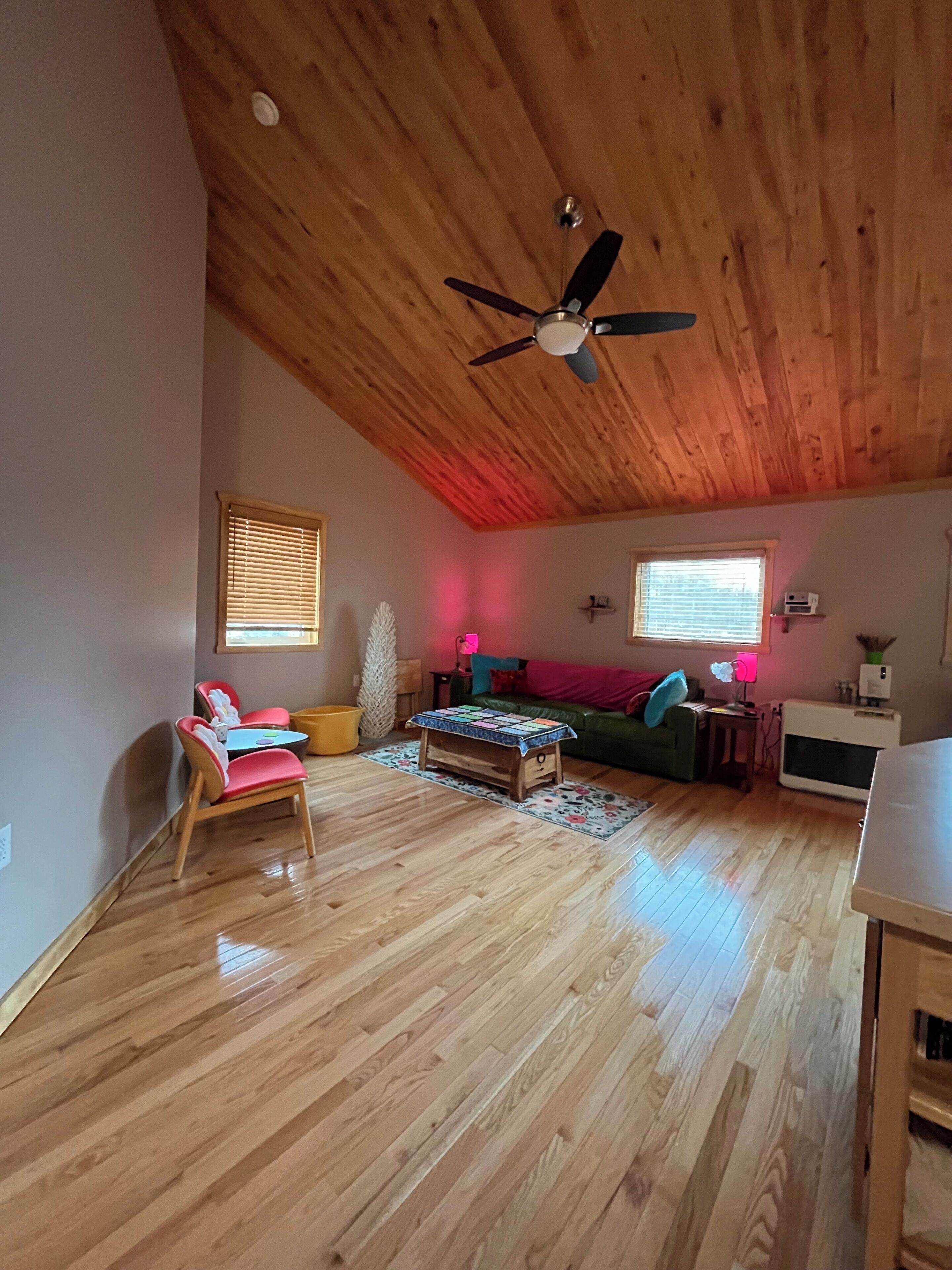 A spacious living area with a wooden ceiling, a ceiling fan, a green sofa, a wooden coffee table, and a dining table with chairs.. Q-Hut House is a cute and modern home, one block away from downtown Talkeetna