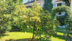 En trädgård med många olika sorters träd och buskar, en byggnad i sten med en balkong och en klarblå himmel.