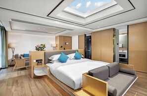 Una habitación de hotel moderna con tragaluz, una cama grande con almohadas, un sofá, una mesita de noche y un armario.