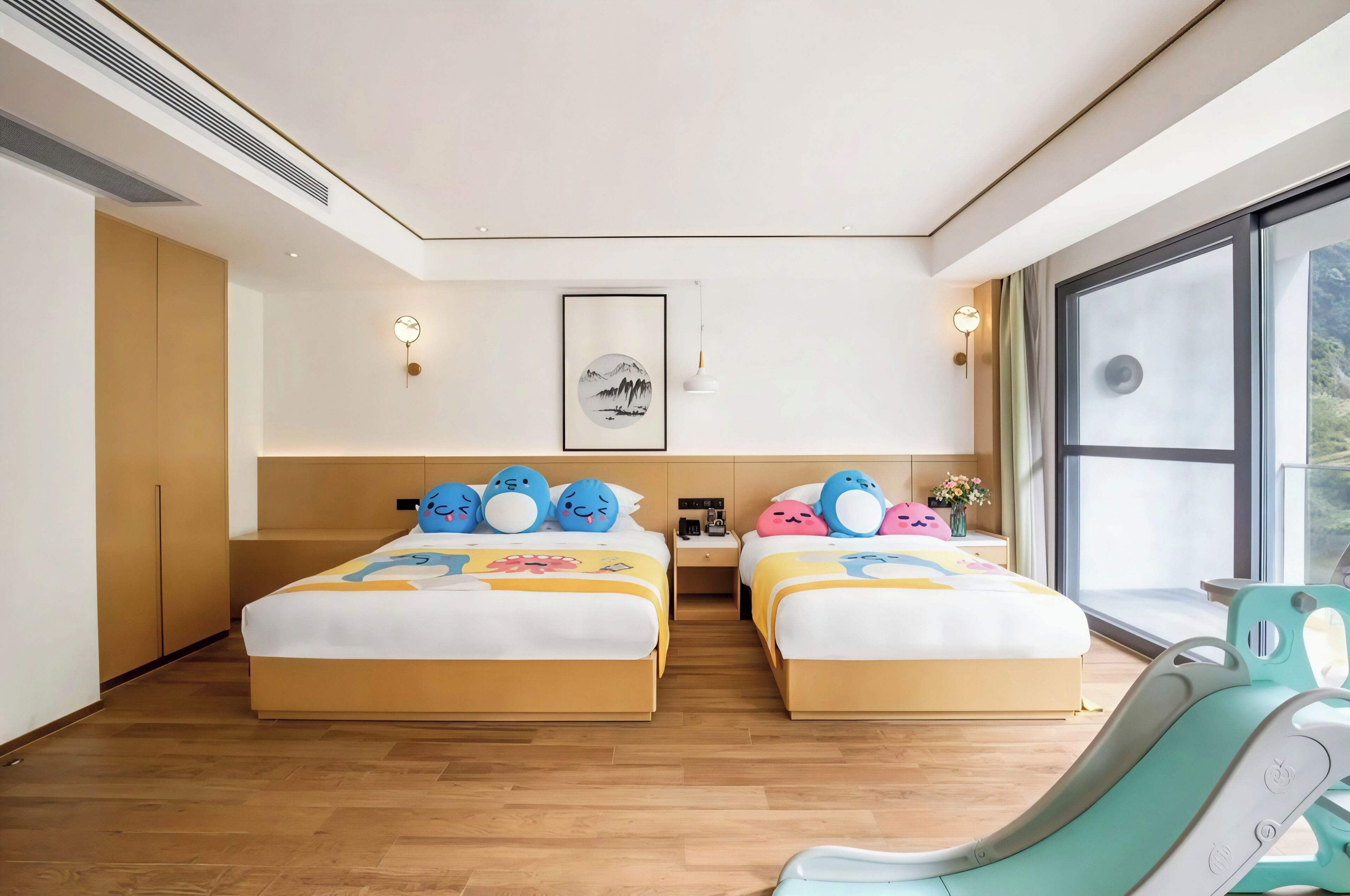 A hotel room with two beds, a large window, a wall-mounted clock, and a framed picture.