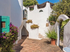A narrow courtyard with white walls, a green door, and potted plants.