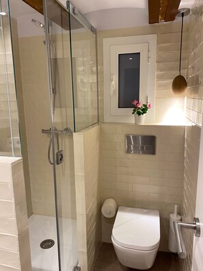 Ein Badezimmer mit einer gläsernen Duschkabine, Toilette und einem kleinen Fenster mit einer Blume.