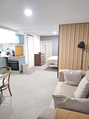 Een knus verblijf met kitchenette, eethoek, bed en een slaapbank.