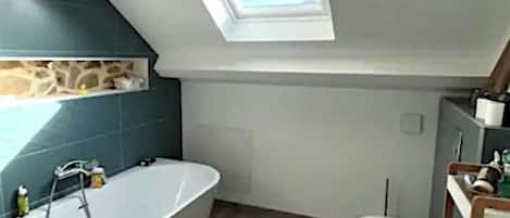Douche, séchoir à cheveux, serviettes fournies, savon