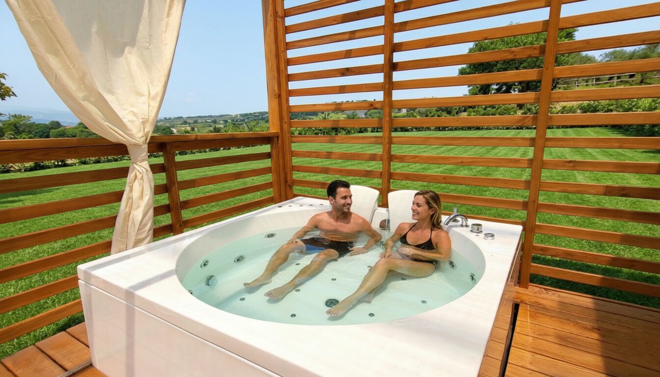 Outdoor spa tub. Charming bungalow with whirlpool in Tuscany: peace, nature and comfort.