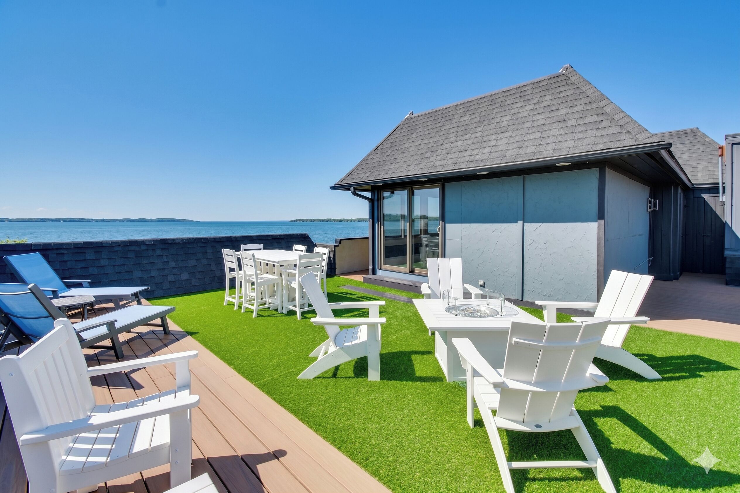 Een terras met zitplaatsen buiten, een overdekt gedeelte en uitzicht op het water.