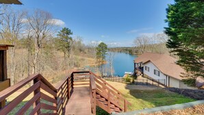 A wooden bridge leading to a house with a view of a lake. - 3-unit Combo w/ Dock on Lake Keowee - Hike & Fish! (Seneca)