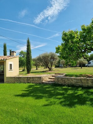 A house with a stone wall, a tree, and a clear sky. - House in the heart of a vineyard in Provence at the foot of Mont Ventoux (Carpentras)
