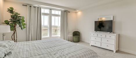 A bedroom with a bed, a TV on a dresser, a plant, and a window with curtains.