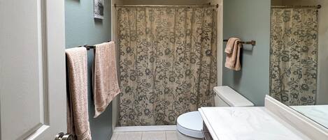 A bathroom with a shower curtain, a toilet, a sink, and a mirror.