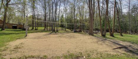 A fenced yard with trees, a volleyball net, and a building in the background.