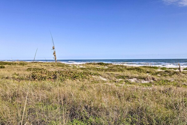 A coastal landscape with grassy dunes, a clear sky, and the ocean in the distance. - Cool Off in the Ocean-view Pool! Cocoa Beach Unit (Cocoa Beach)