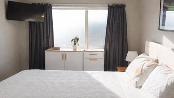 Un dormitorio con cama, televisor montado en la pared, ventana con cortinas, mesita de noche con lámpara y una planta pequeña en el alféizar.